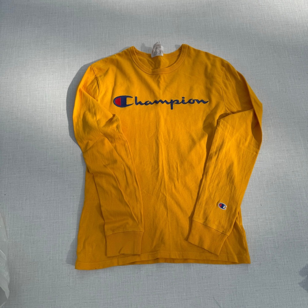 Champion Long Sleeve T Shirt Yellow Crew Neck Classic Logo Graphic Size Small